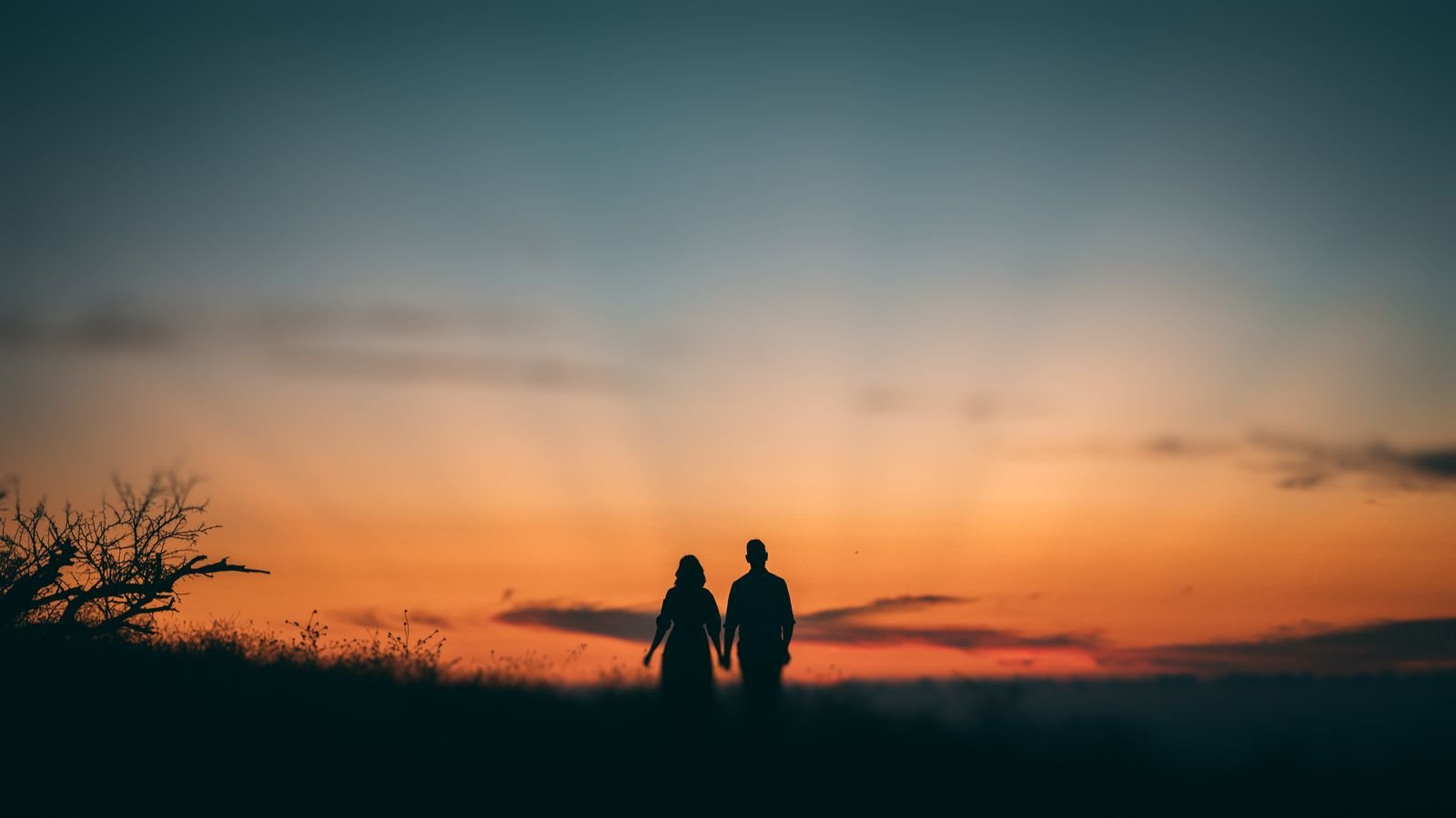 Do logon ka silhouette haath thaame hue sunset mein